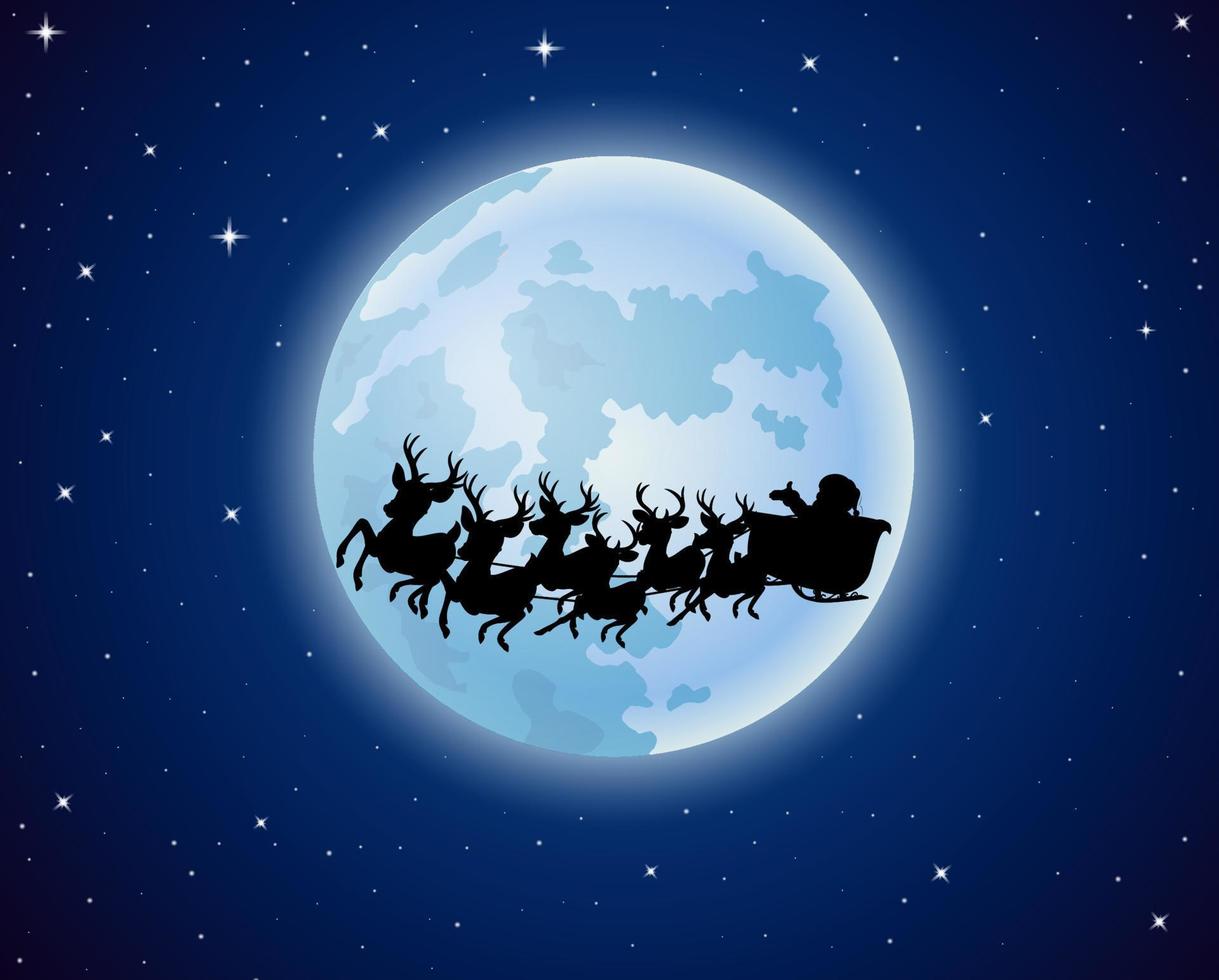 santa claus monta la silueta del trineo de renos contra un fondo de luna llena vector