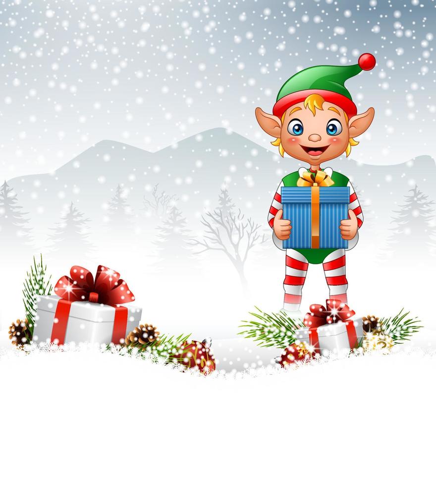 Christmas background with elf holding gift box vector