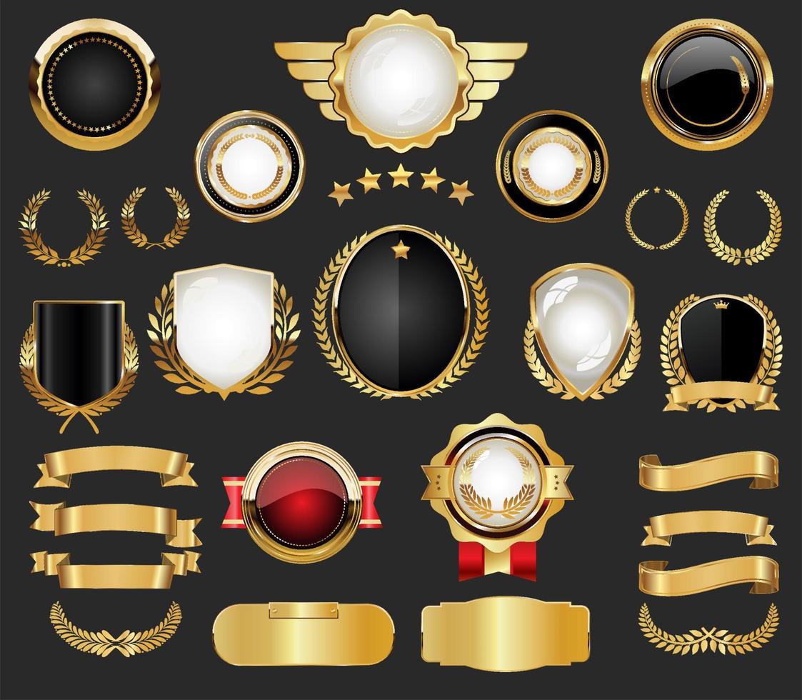 Collection of Golden badges labels laurels shield and metal plates vector