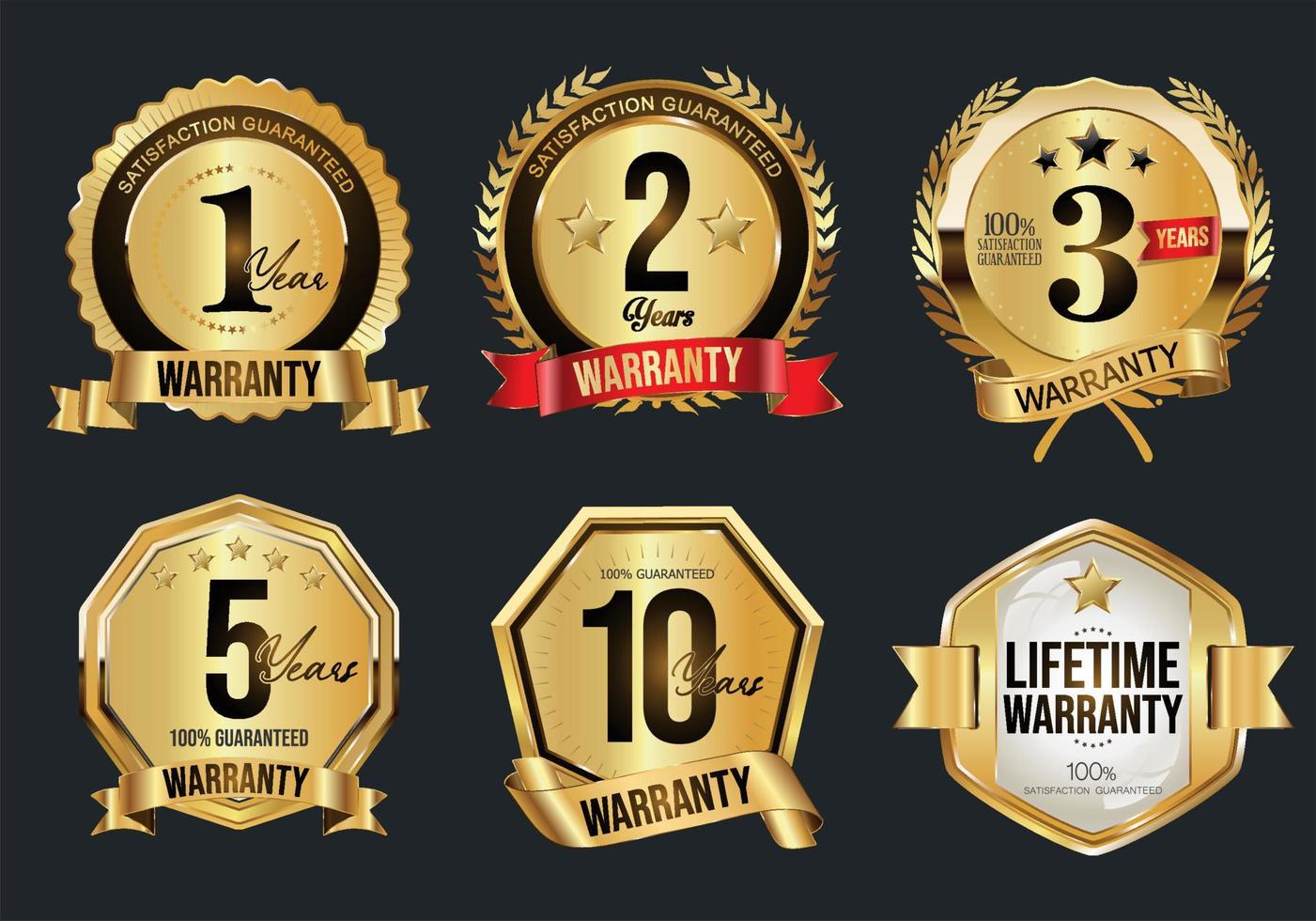Collection of golden WARRANTY badges and labels retro style vector