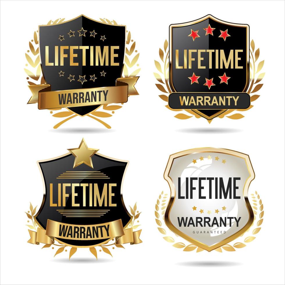 Collection of warranty guaranteed gold and black  labels on white background vector