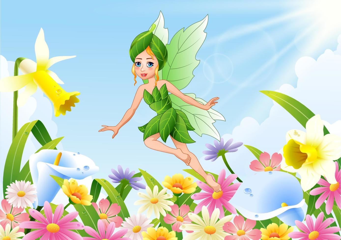 Cute fairy flying on flower field vector
