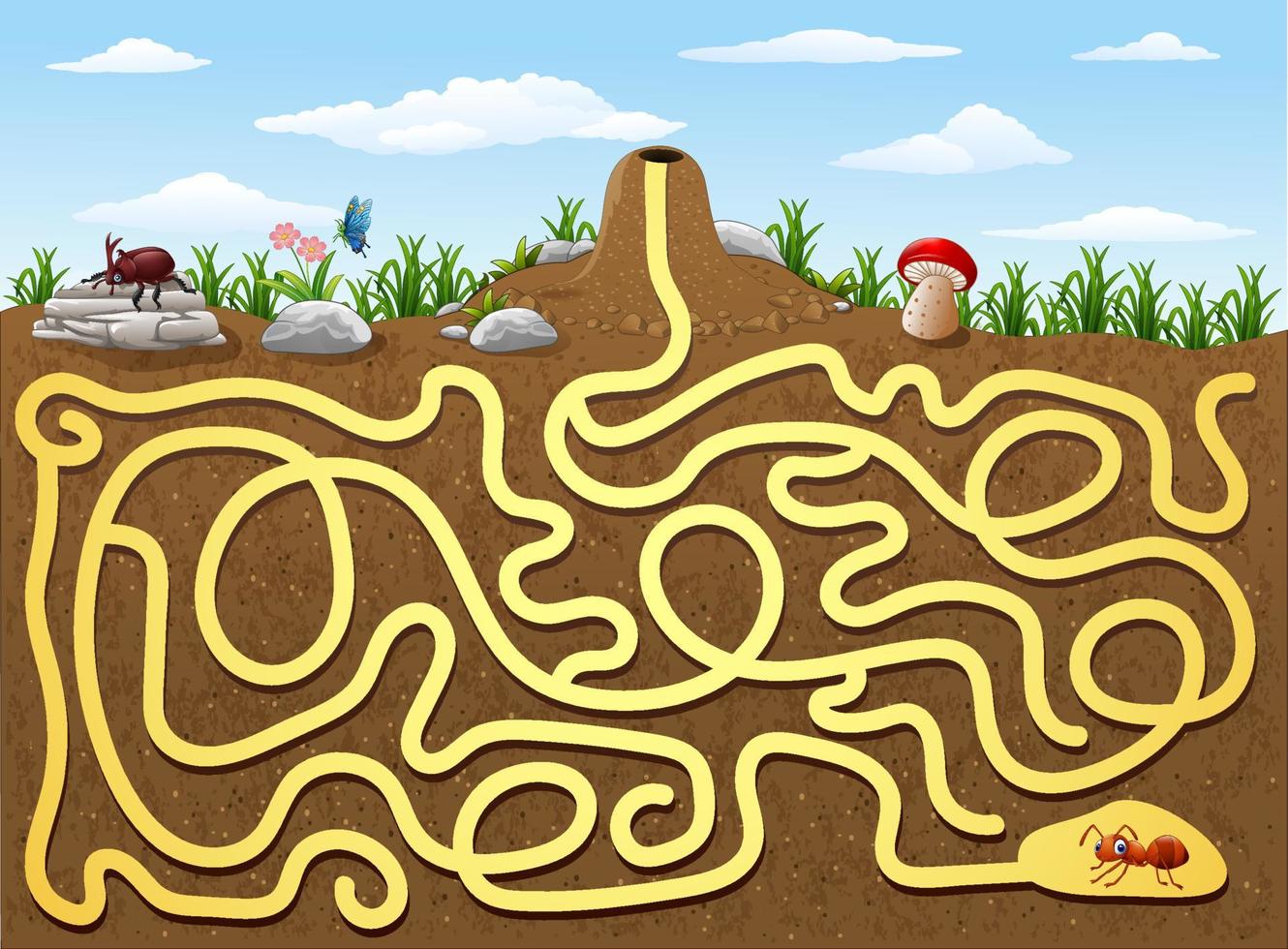 Help red ant to find way out from underground maze vector