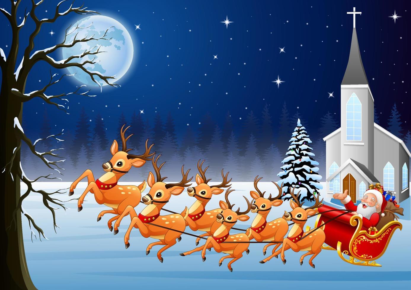 Santa Claus rides reindeer sleigh in front of church in Christmas night vector