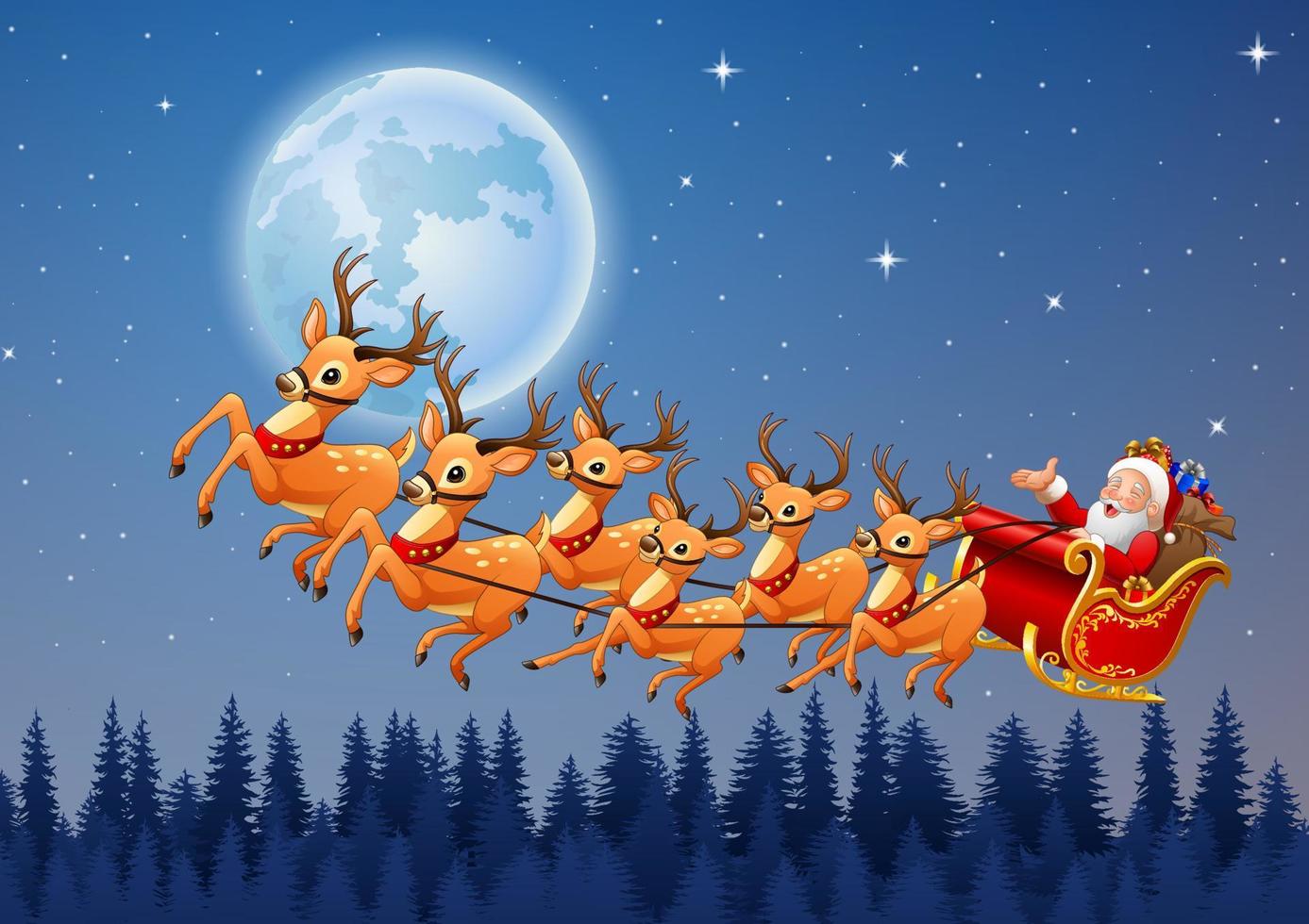 Santa Claus rides reindeer sleigh flying in the sky vector