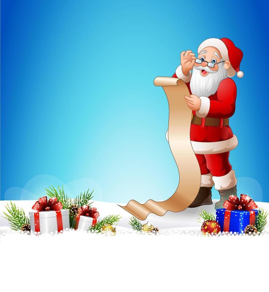 fondo de navidad con santa claus leyendo una larga lista de regalos vector