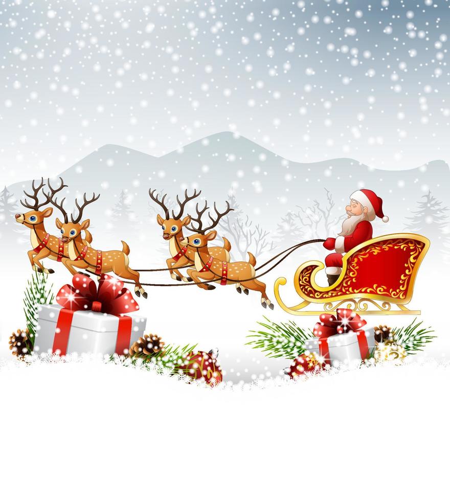 Christmas background with Santa Clause riding his reindeer sleight vector