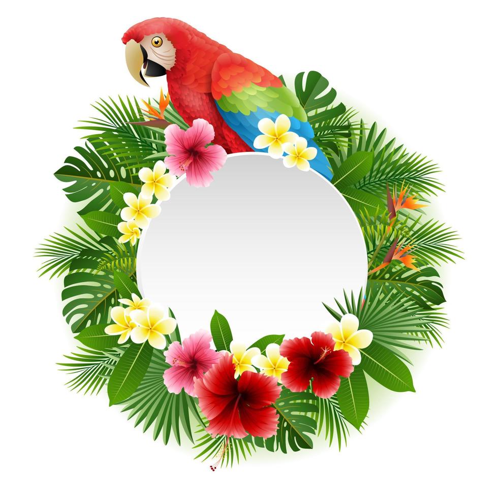 Cute parrot with blank sign on plant background vector