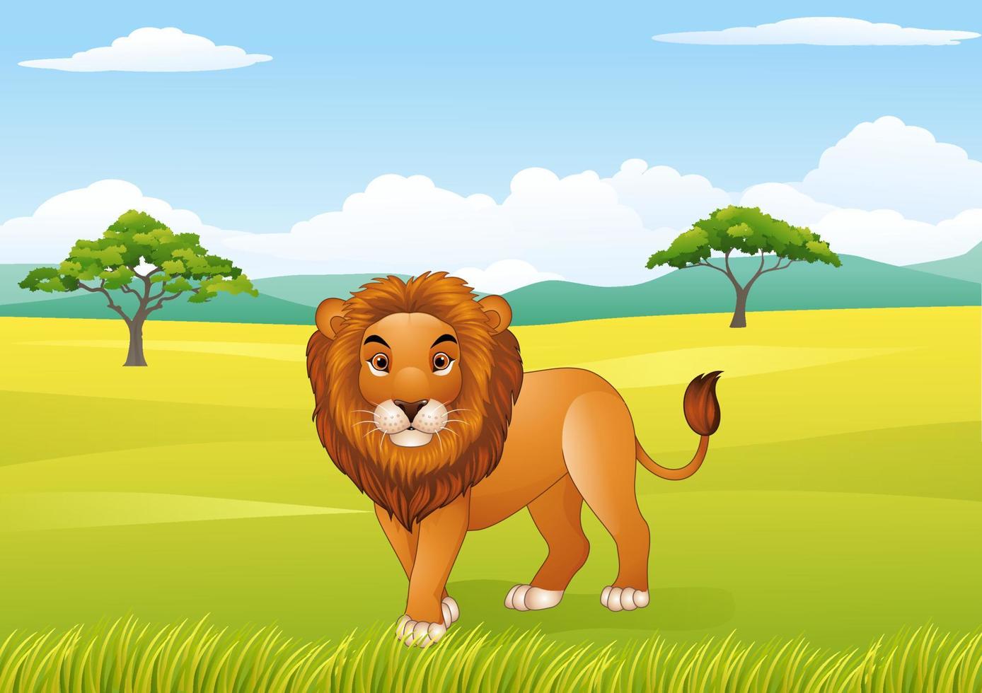 león de dibujos animados con fondo de paisaje africano vector