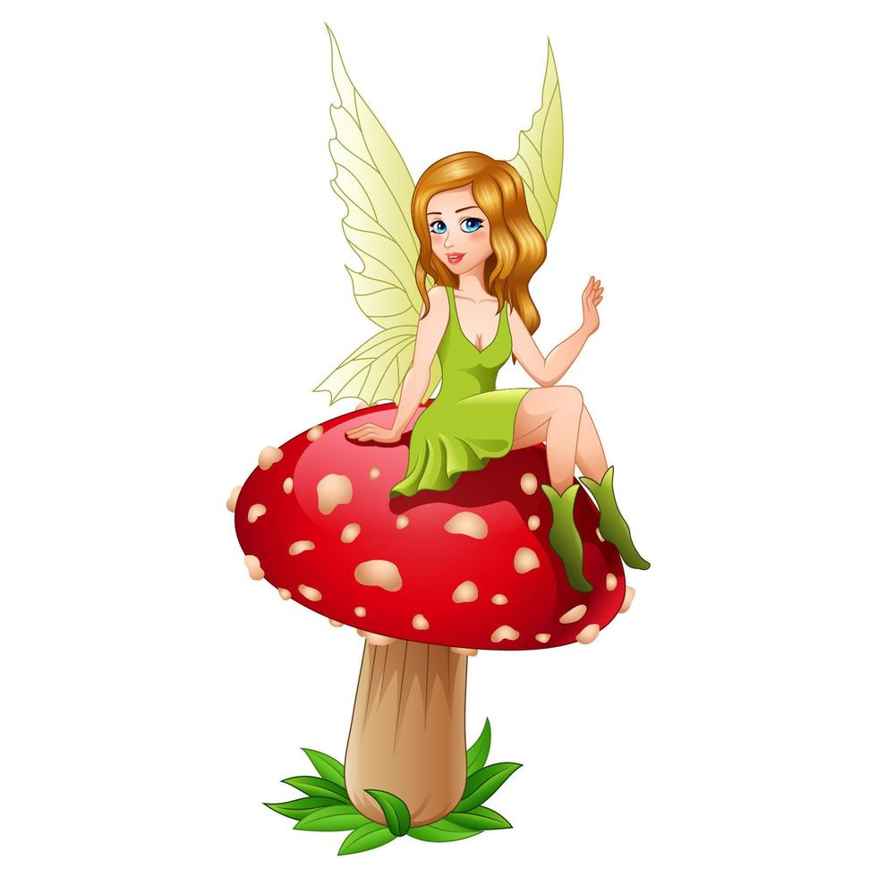 Cartoon fairy sitting on mushroom vector