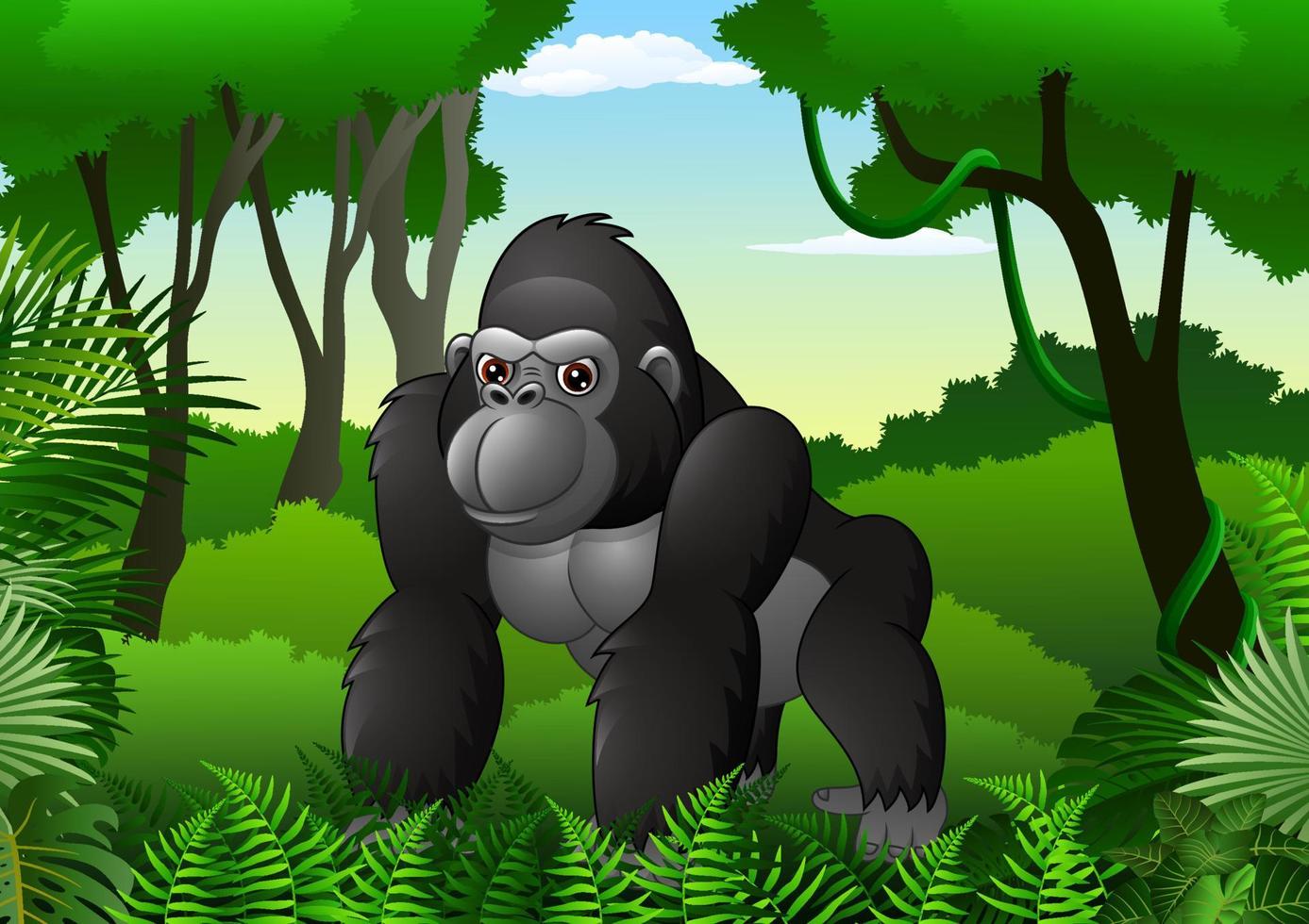 gorila de dibujos animados en la espesa selva tropical vector