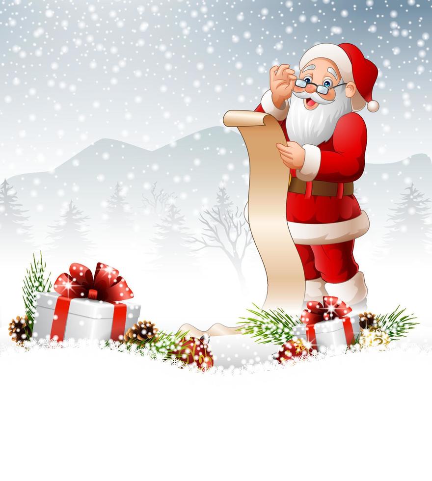 Santa Claus reading a long list of gifts vector