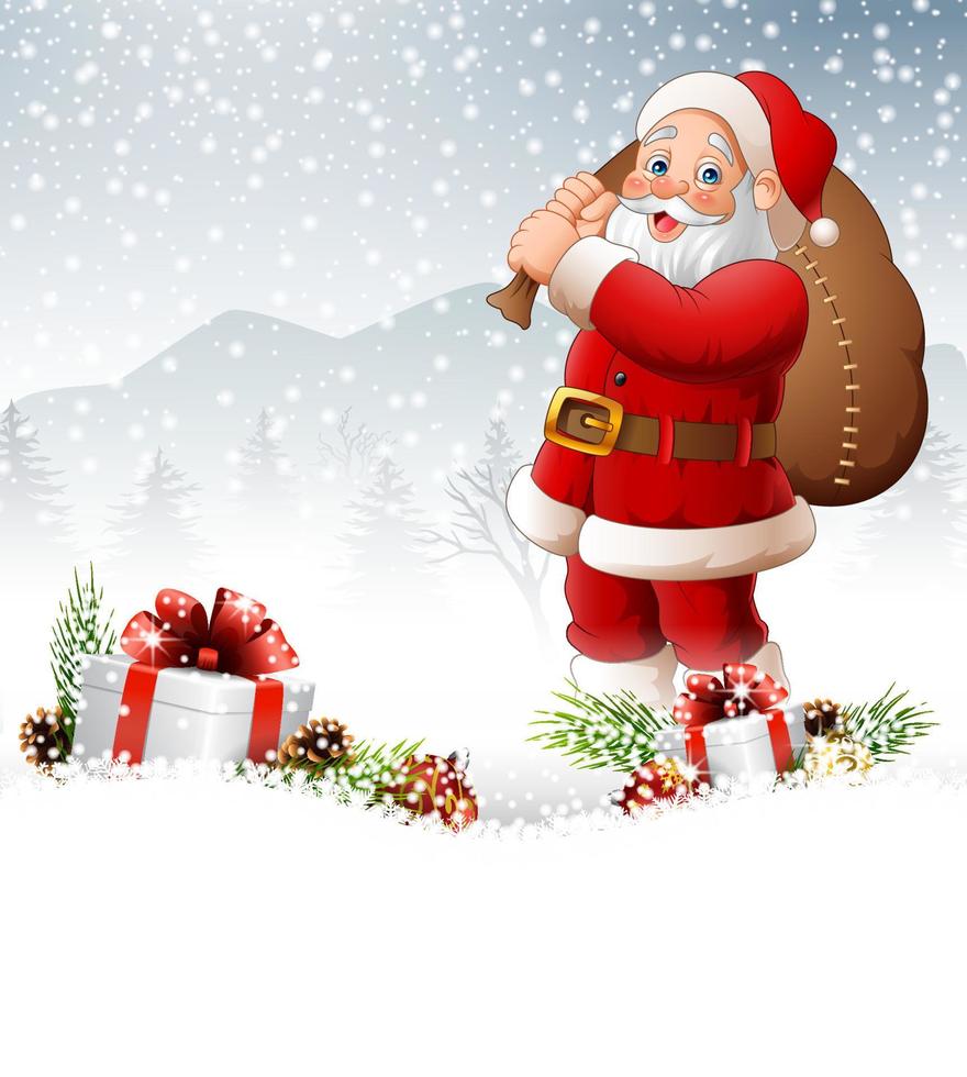 Christmas background with Santa carrying bag vector