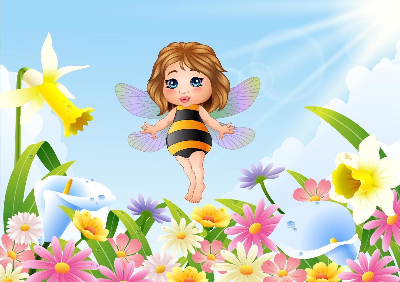 Cartoon fairy sitting on flower field vector