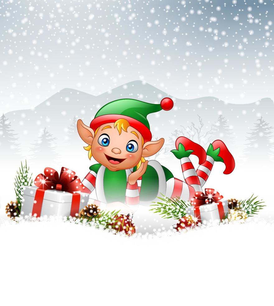 Christmas background with little elf laying on the snow vector