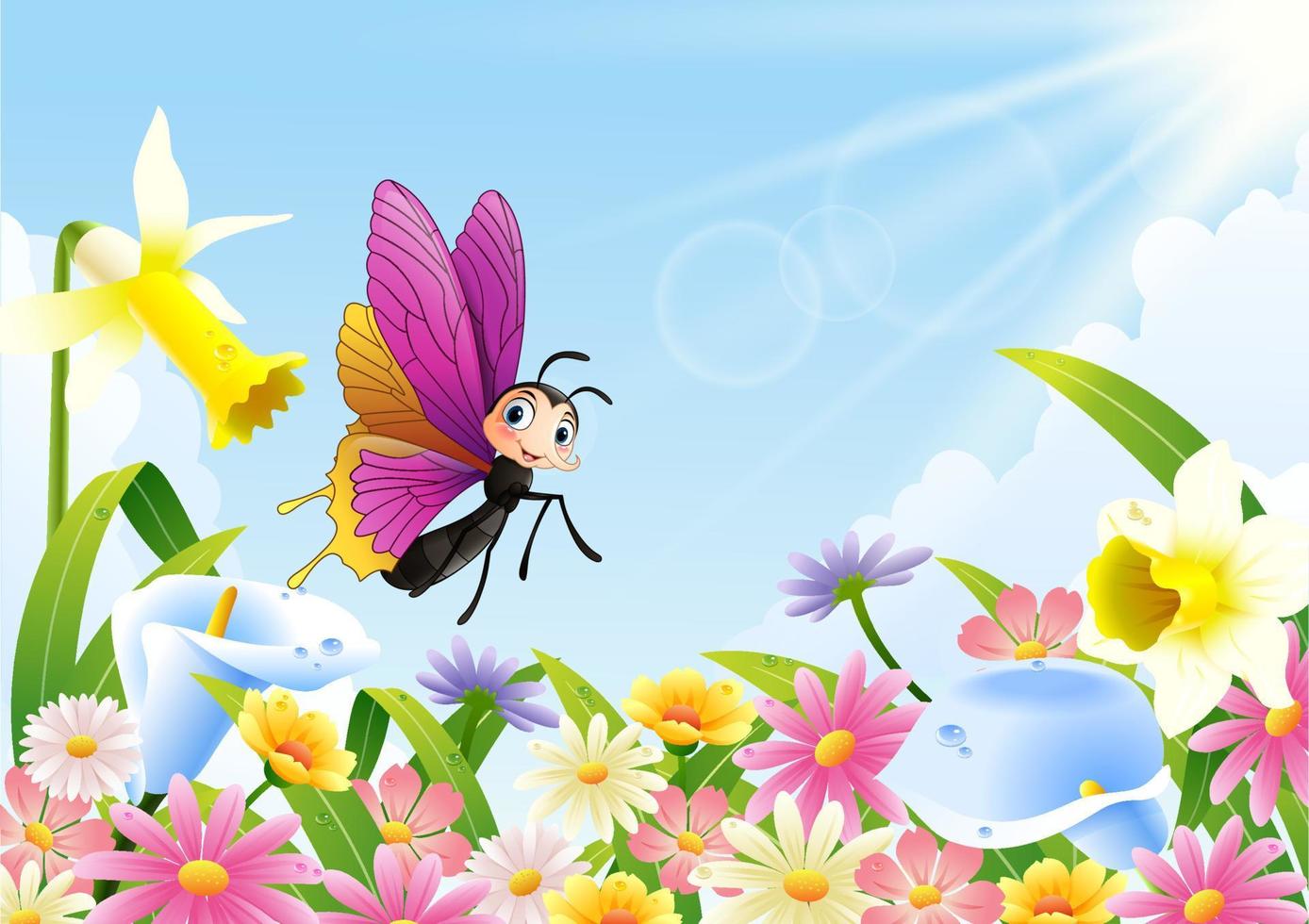 linda mariposa volando sobre el campo de flores vector