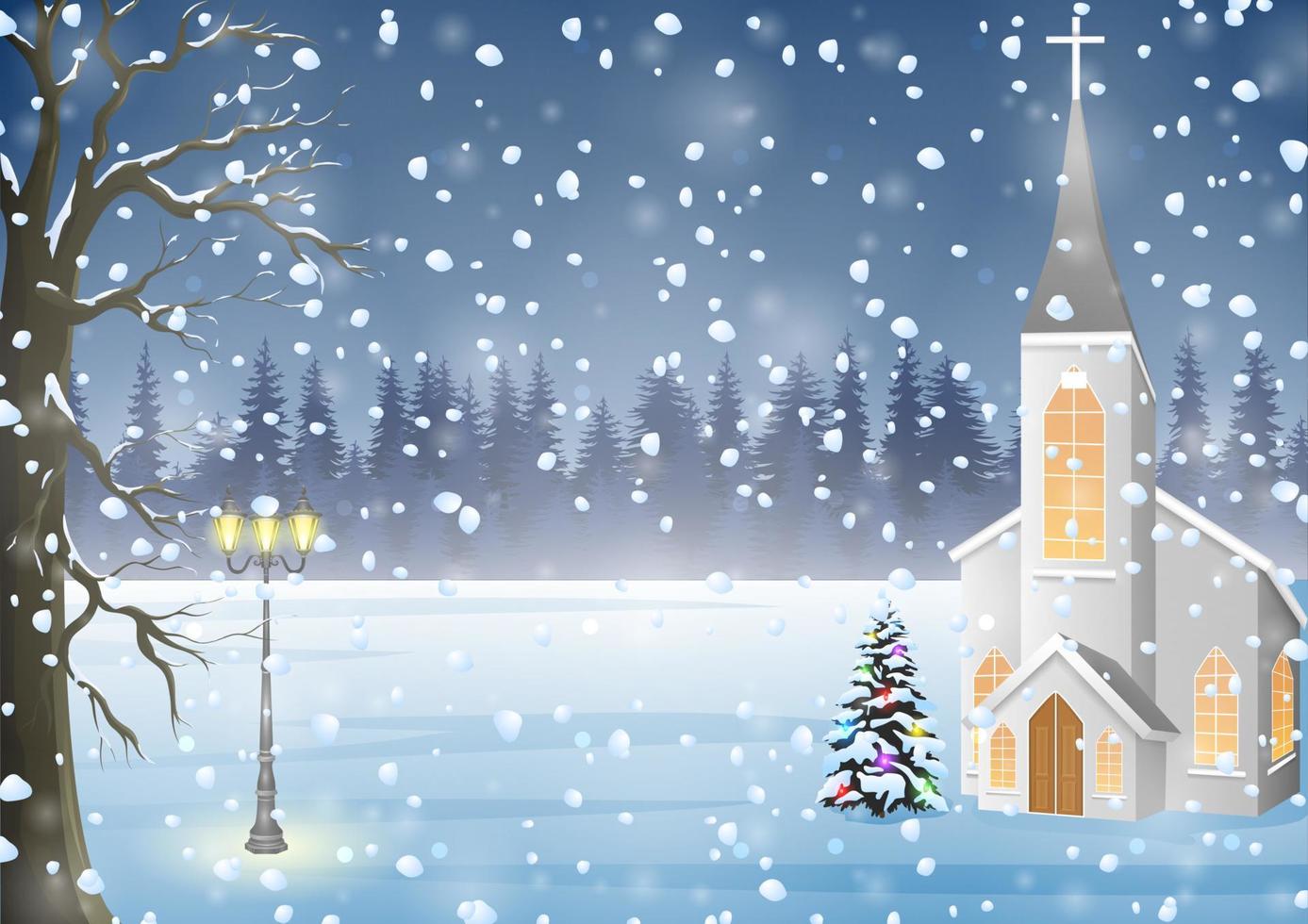 paisaje invernal con iglesia, fondo de noche de navidad vector