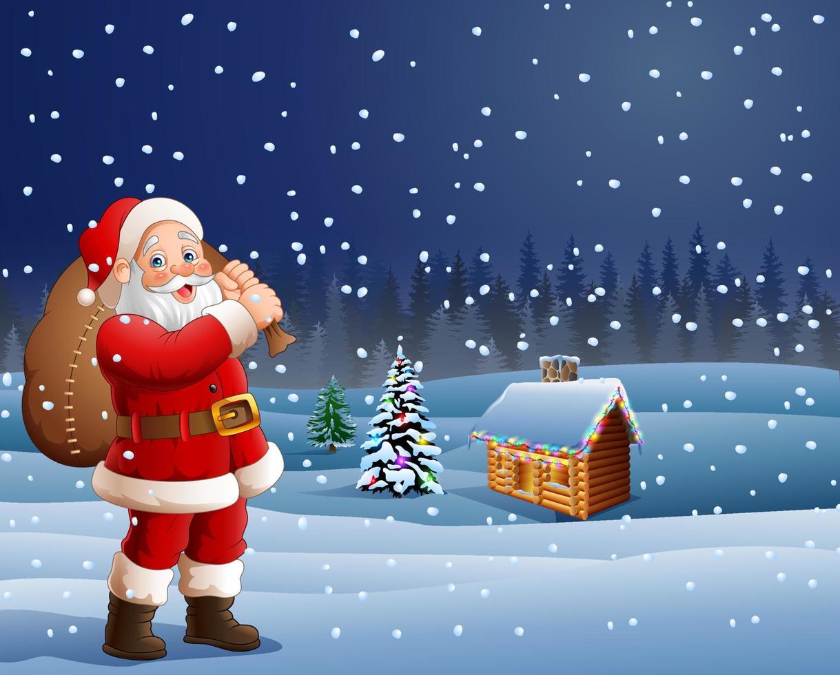 Cartoon Santa carrying big bag with village background vector