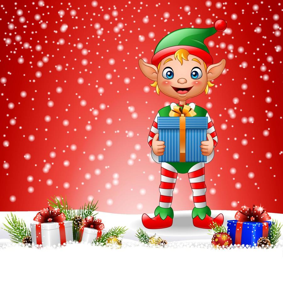 Christmas background with elf holding gift box vector