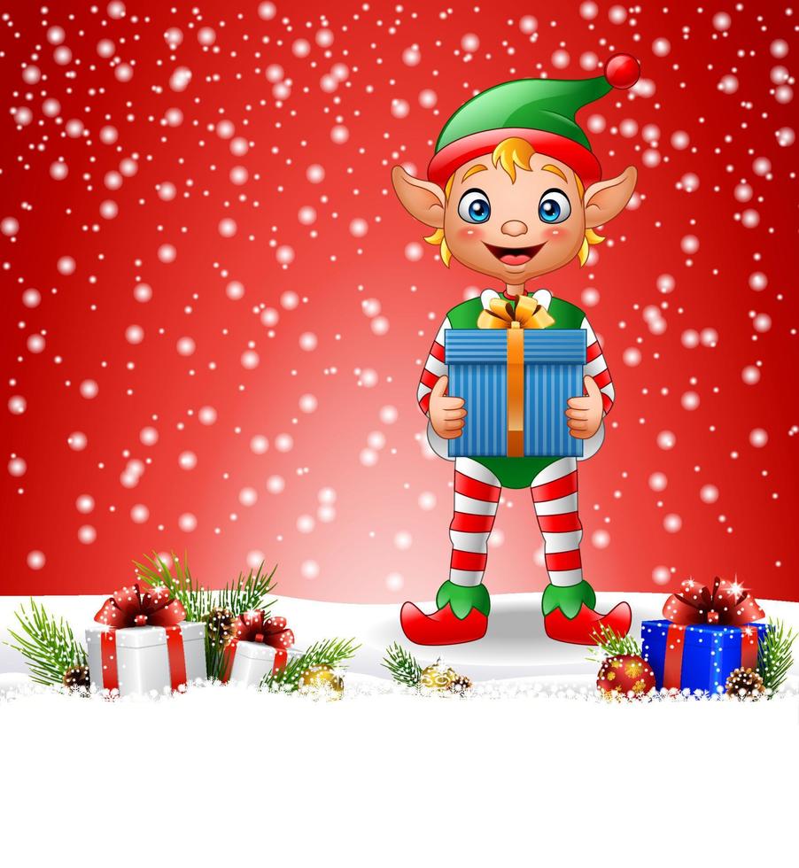 fondo de navidad con duende con caja de regalo vector