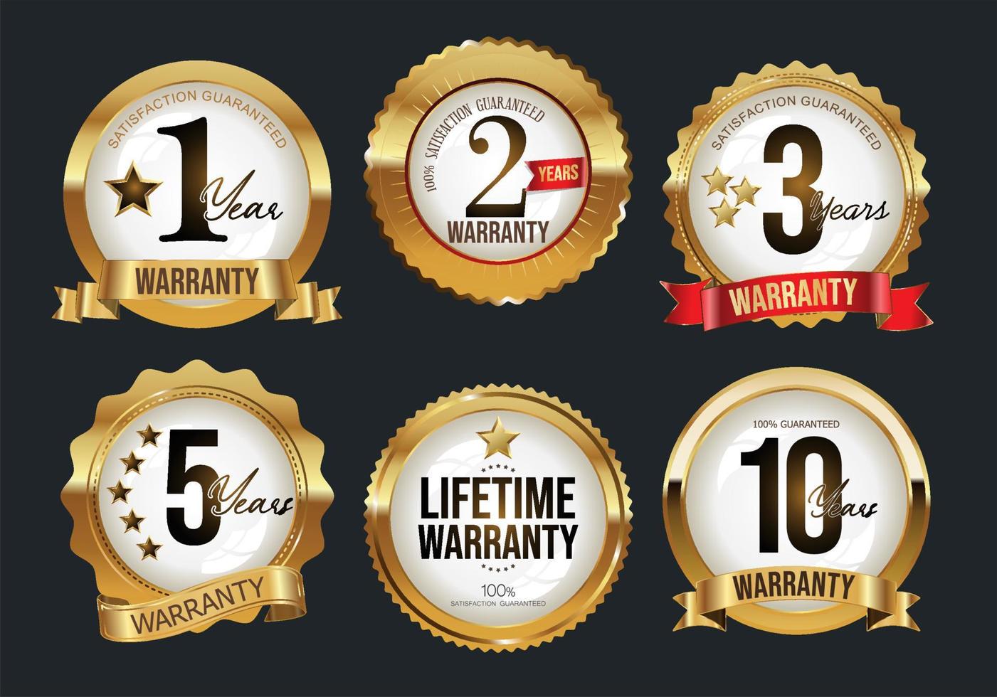 Collection of golden WARRANTY badges and labels retro style vector