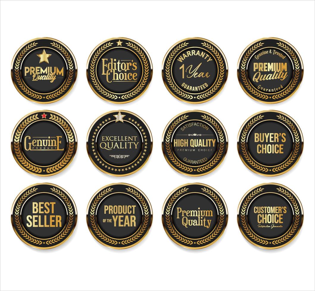 Collection of gold and black badges with laurel wreath premium quality vector