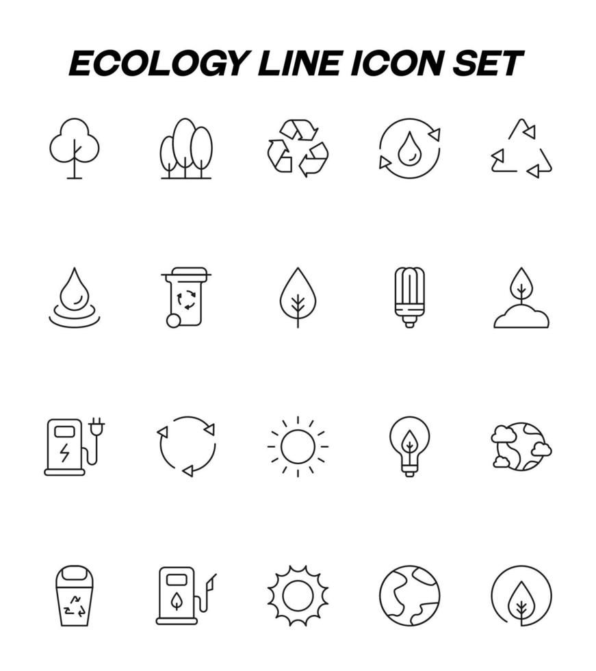 Ecology, nature, eco-friendly concept. Outline symbols drawn with thin line. Vector line icon set of trees, recycle, drop, forest, garbage, sun, solar energy, planet