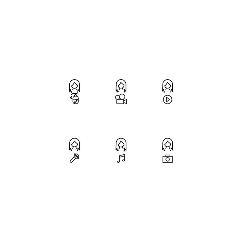 Line icon set with monochrome signs suitable for adverts, shops, stores, apps. Liquid soap, video camera, microphone, musical note, photo camera by faceless woman vector