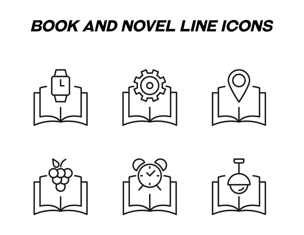 libro, lectura, educación y concepto novedoso. señales vectoriales en estilo plano. conjunto de íconos de línea de reloj, equipo, geoetiqueta, uva, vid, despertador, lámpara sobre libro vector