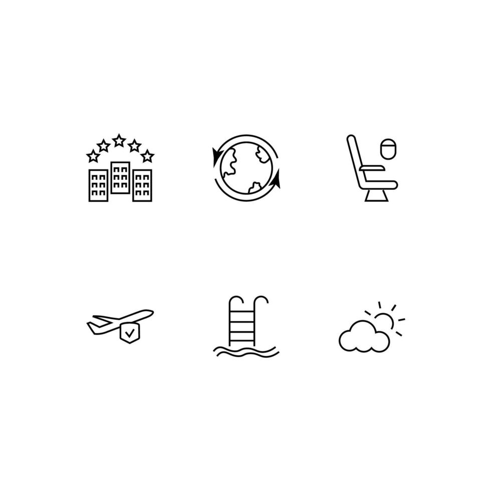 Outline symbol in modern flat style suitable for advertisement, books, stores. Line icon set with icons of hotel, earth planet, window seat, swimming pool, sun behind clouds vector