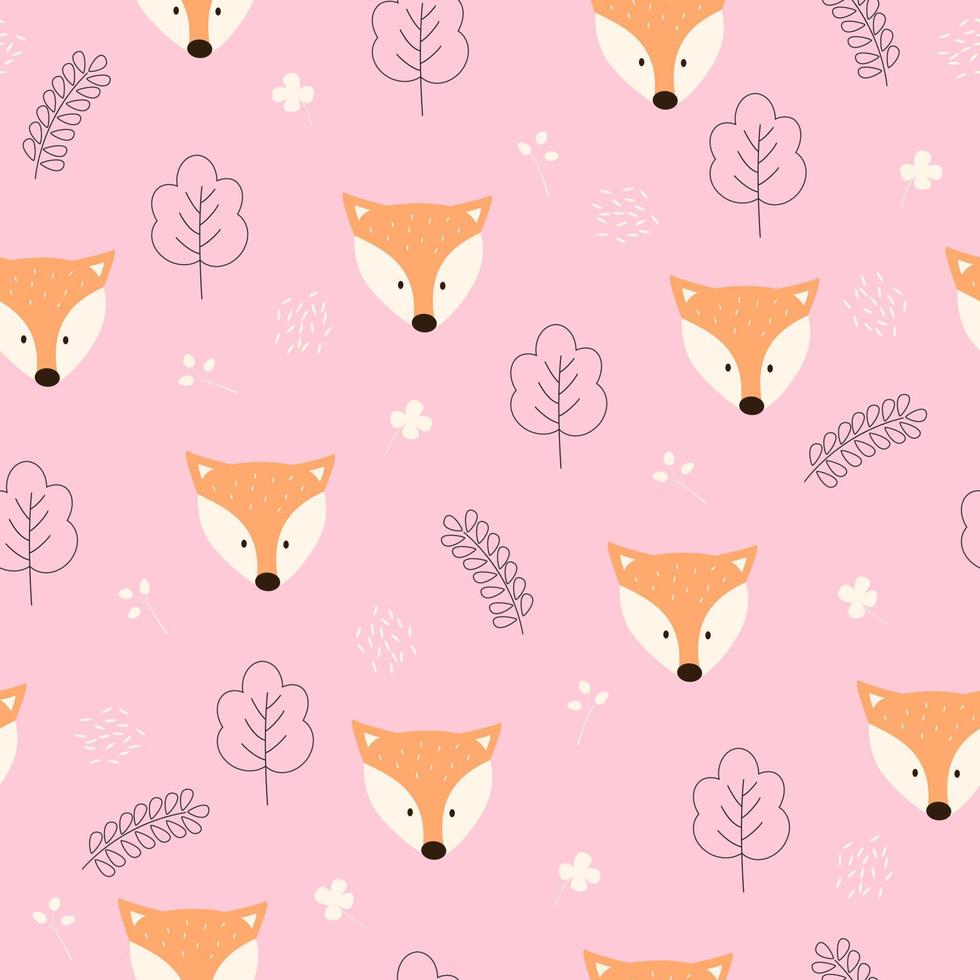 Seamless vector pattern of a Fox face in the forest on a pink background. Scandinavian style