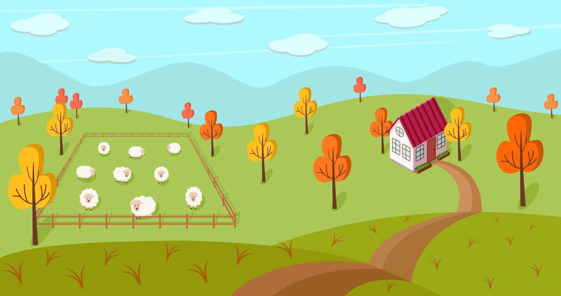 paisaje otoñal de una granja, una casa y un pasto con ovejas. ilustración vectorial de un pueblo vector