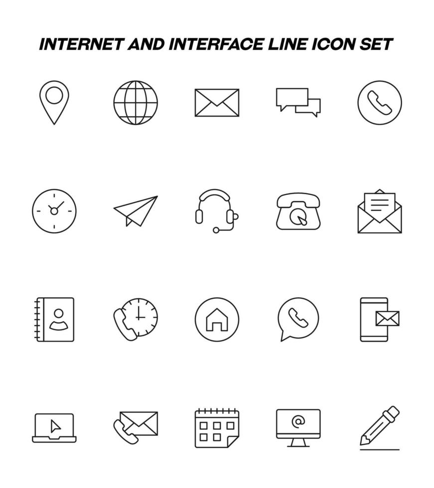 contáctenos concepto. Conjunto de iconos de línea de interfaz de Internet y sitio web. signos vectoriales de geoetiqueta, globo, burbujas de habla, teléfono, sobre, reloj, correo, mensaje, etc. vector