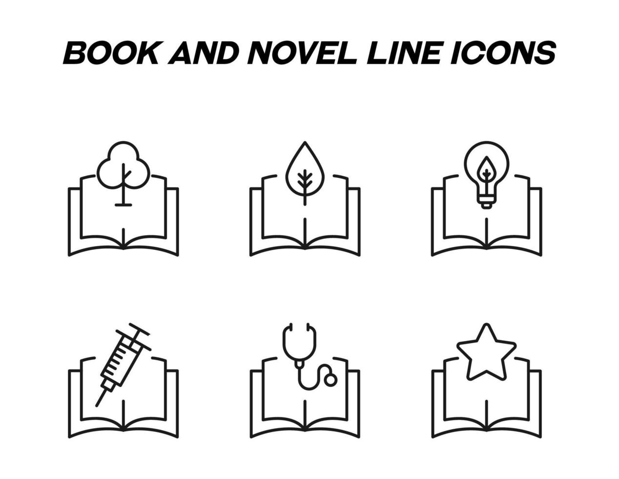 Book, reading, education and novel concept. Vector signs in flat style. Set of line icons of tree, plant, leaf, lamp, syringe, stethoscope, star over book