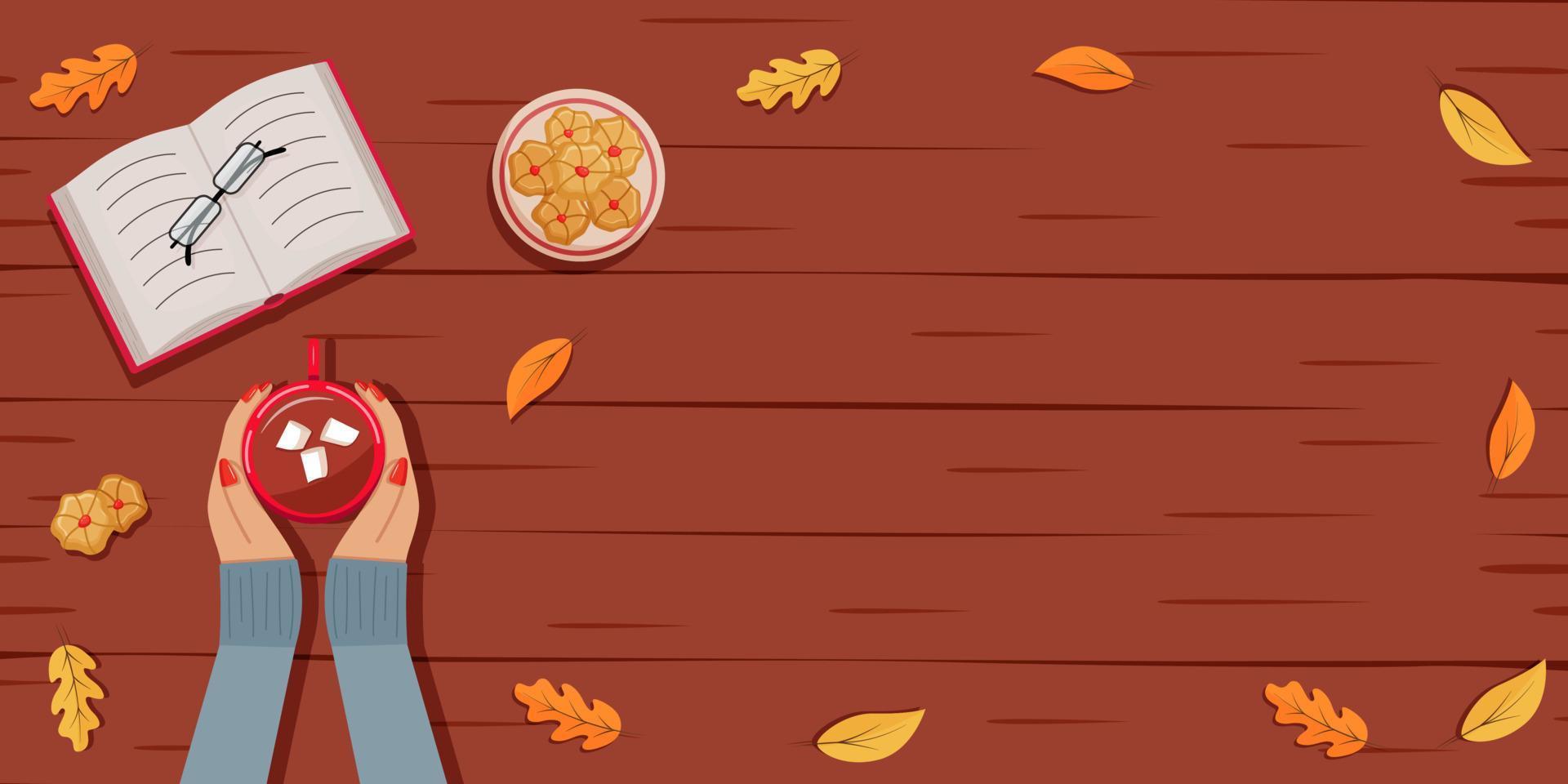 fondo plano de otoño, manos femeninas sosteniendo una taza de chocolate caliente, galletas, vasos y un libro. acogedor concepto de otoño. espacio de copia de ilustración vectorial vector