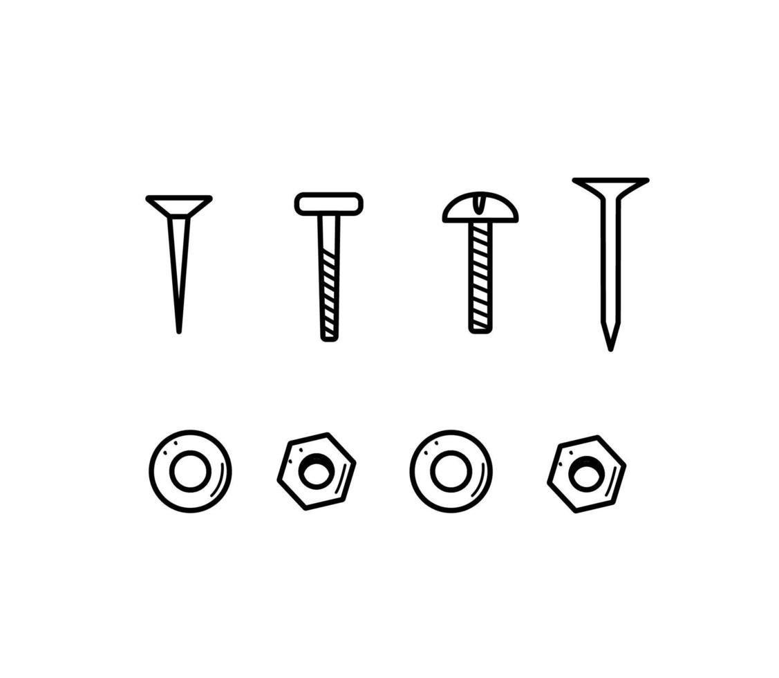 tornillos de clavos y arandelas de tuercas, conjunto de elementos de construcción de fideos vectoriales vector