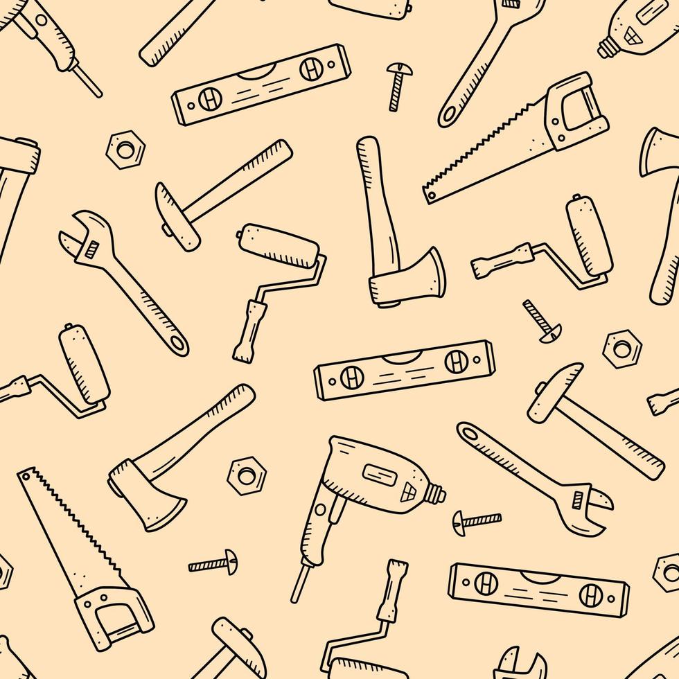 Seamless pattern Construction tools, doodle vector set of repair elements, cartoon icons