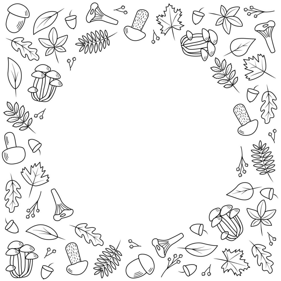 Doodle set of tree leaves and mushrooms, autumn concept, vector illustration.
