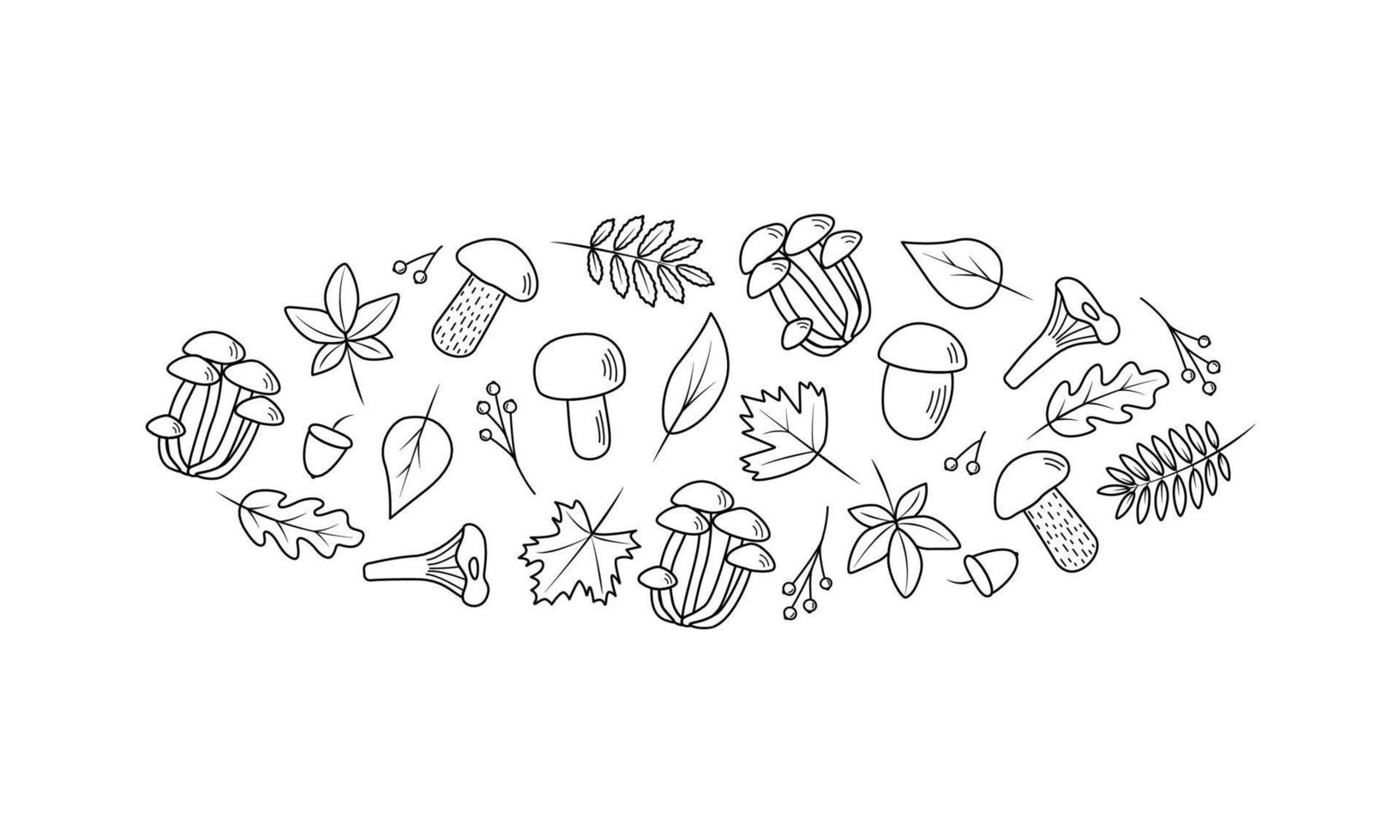 Doodle set of tree leaves and mushrooms, autumn concept, vector illustration.