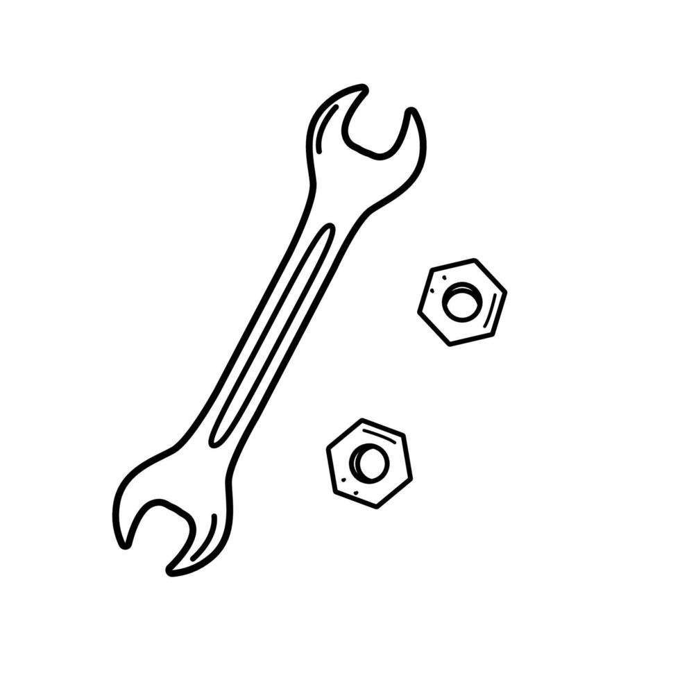 Wrench and nuts, doodle elements of construction tools, vector illustration