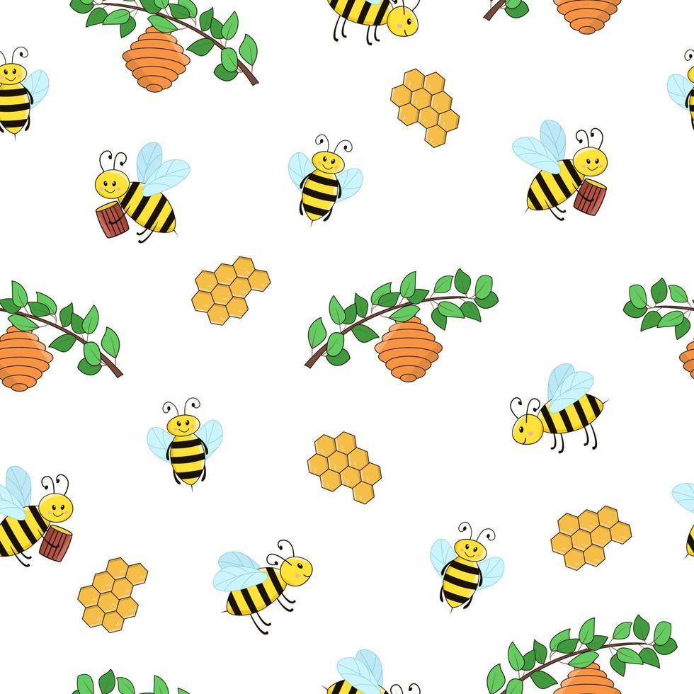 Seamless pattern of funny cartoon bees and a hive on a branch on a white background vector