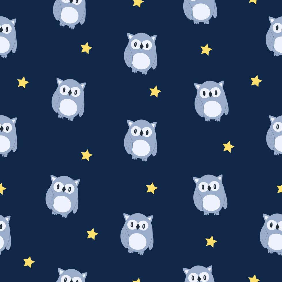 Seamless pattern of funny cartoon owl and stars. Dark blue background. Vector. vector