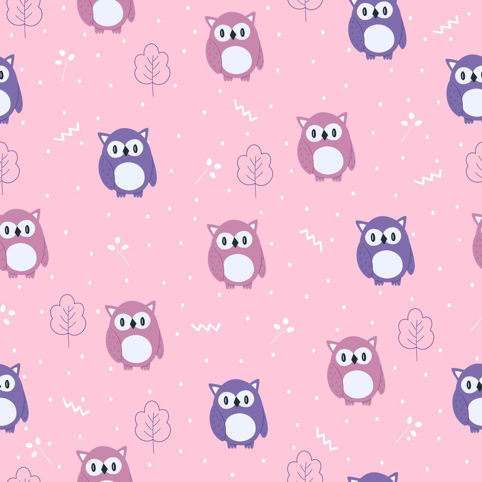 Seamless vector pattern of funny cartoon owl in the forest. Scandinavian style