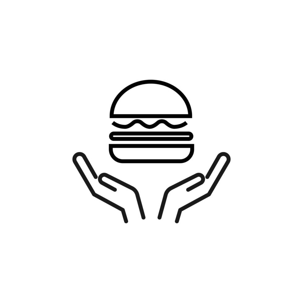 Charity and philanthropy concept. Hight quality sign drawn with thin line. Suitable for web sites, stores, internet shops, banners etc. Line icon of hamburger over opened hands vector