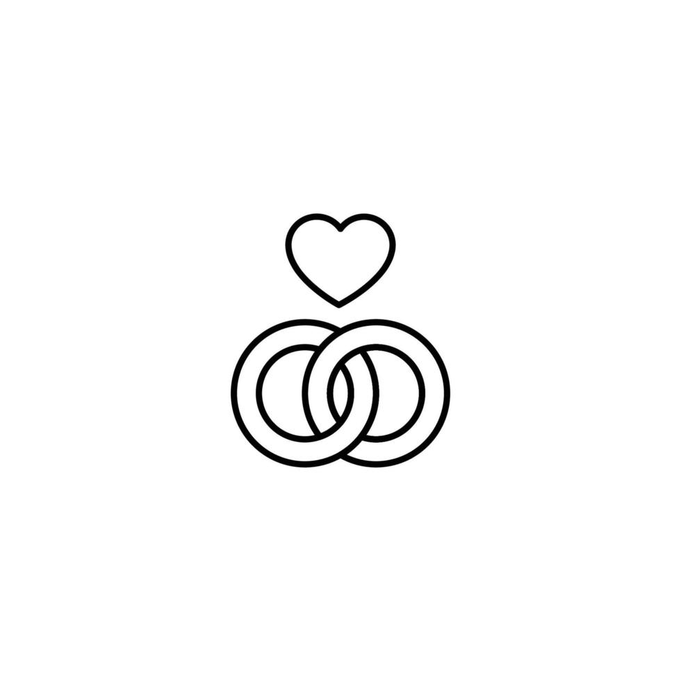 Romance and love concept. Vector monochrome outline signs drawn in flat style. Perfect for advertisement, articles, stores, internet pages. Line icon of heart above wedding rings