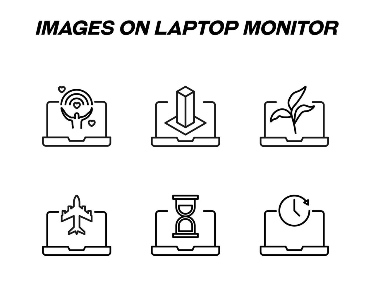 Items on laptop monitor pack. Modern vector monochrome signs. Line icon set with icons of rainbow, construction, plant, airplane, hourglass, clock on laptop monitor