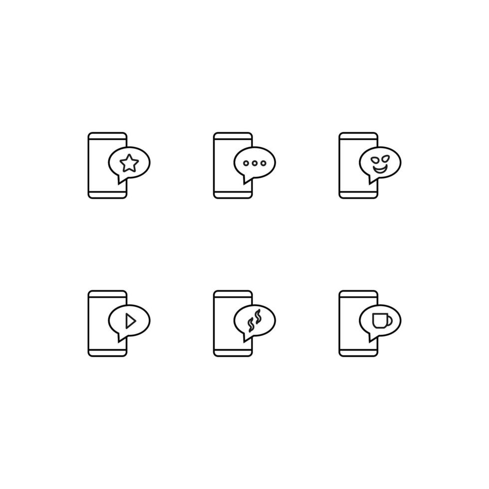 Outline symbol in modern flat style suitable for advertisement, books, stores. Line icon set with icons of star, dots, smile, play, cup inside of bubble on phone monitor vector