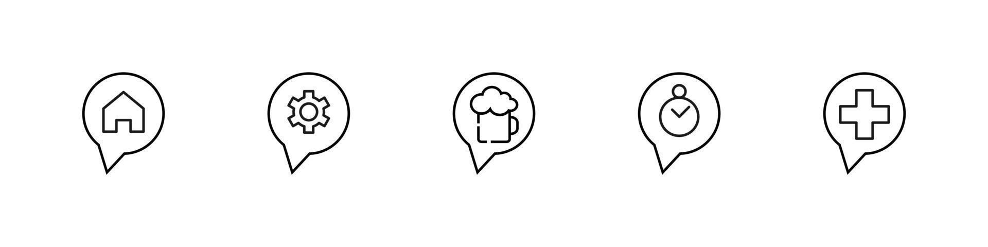 Sign and symbols concept. Outline signs drawn in flat style. Editable stroke. Line icon collection of house, gear, cross, timer, clock, bear inside of speech bubbles vector