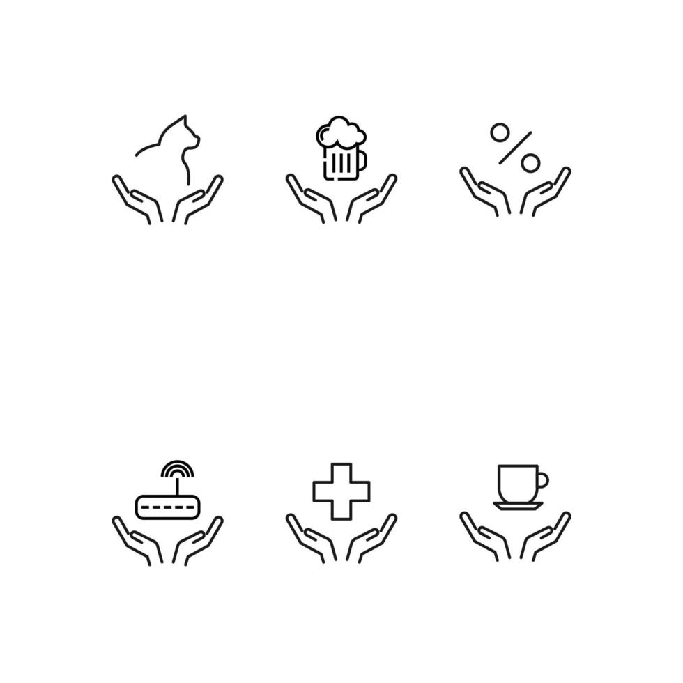 Charity and philanthropy concept. Modern vector outline symbols drawn with thin line. Line icon collection. Icons of cat, bear, percent, router, plus sign and coffee cup over opened hands