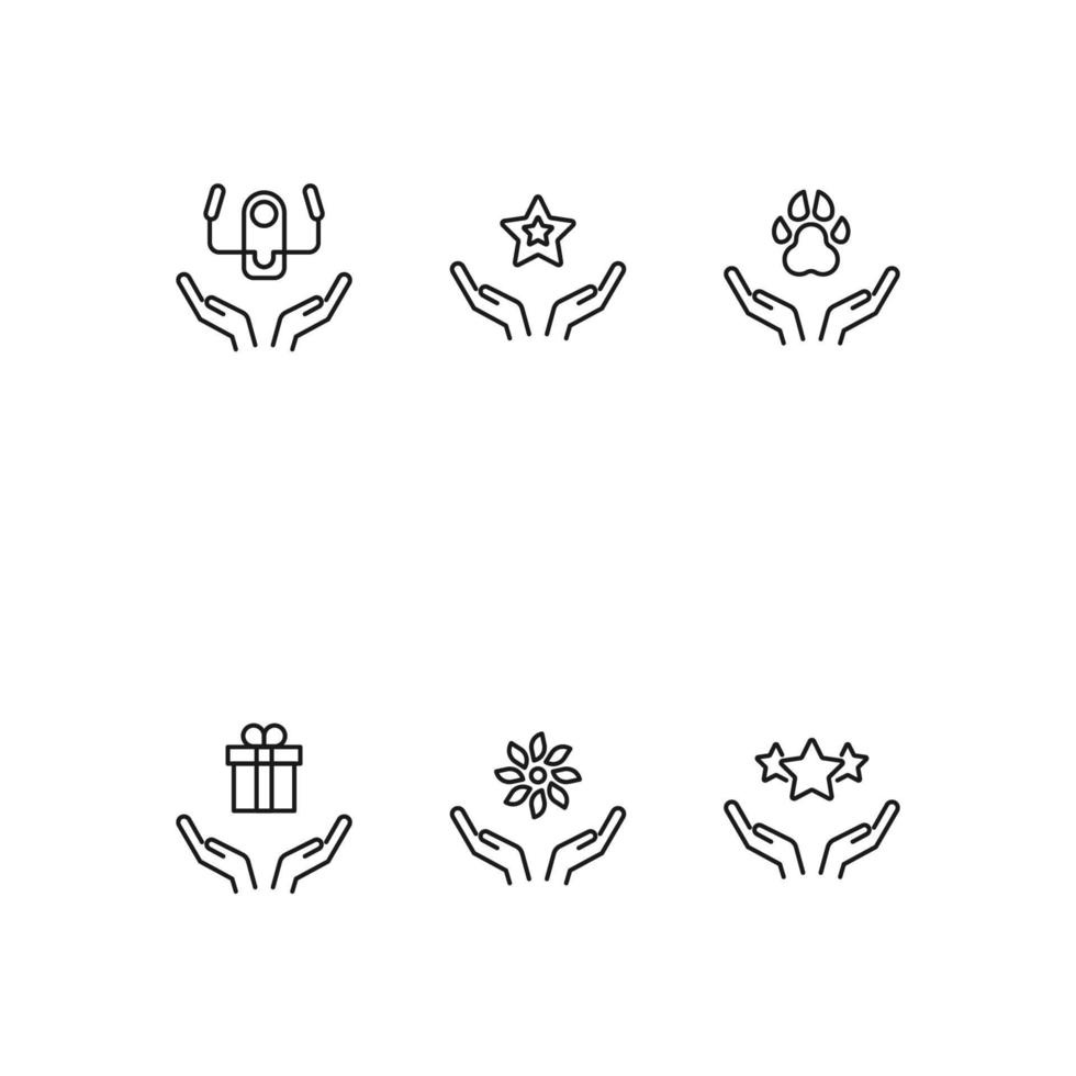 Charity and philanthropy concept. Modern vector outline symbols drawn with thin line. Line icon collection. Icons of steering wheel, star, paw, giftbox, flower over opened hands